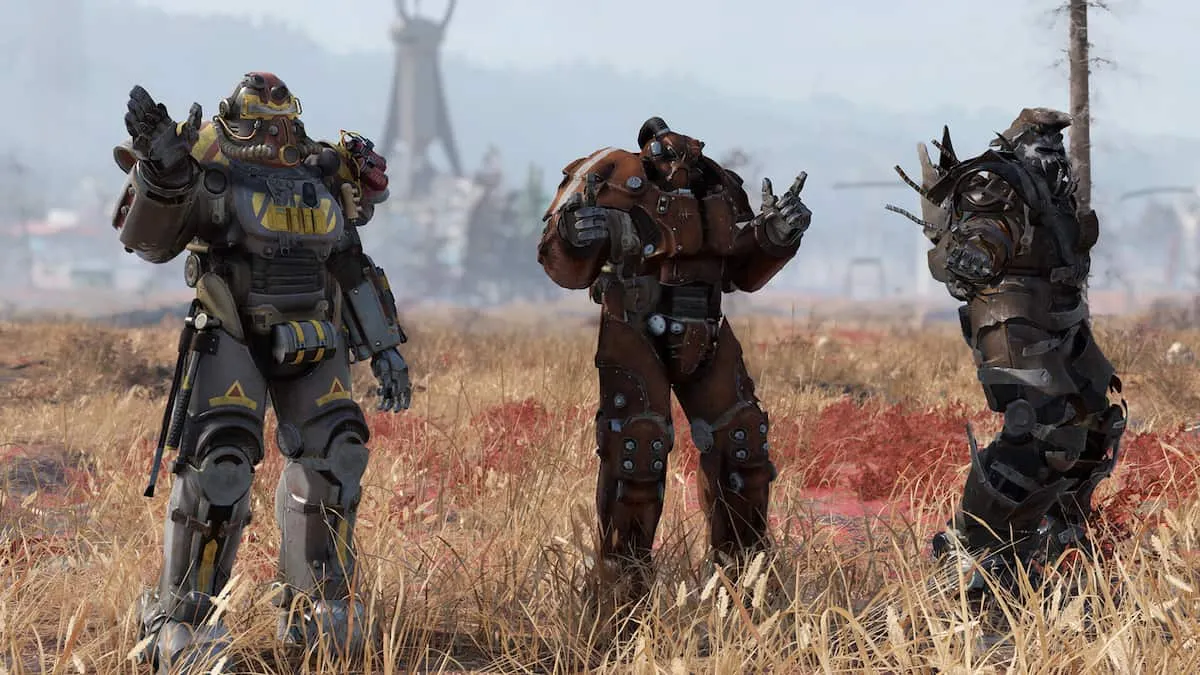 Three Brotherhood of Steel soldiers posing from the Fallout series