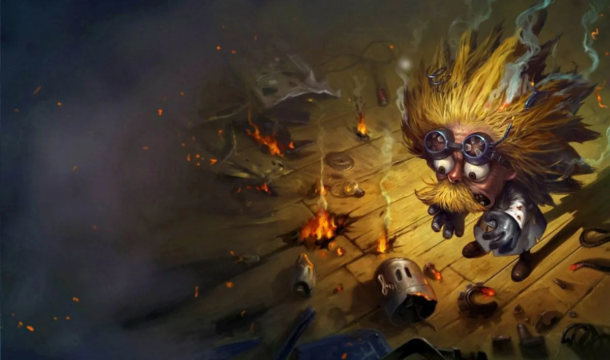 Heimerdinger stares at the rubble of an explosion which has also blown his hair back and singed his mustache.
