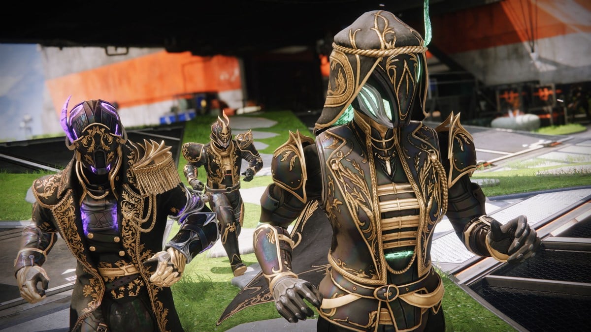 Three Destiny 2 Guardians wearing the 2023 Solstice armor running through the Tower.