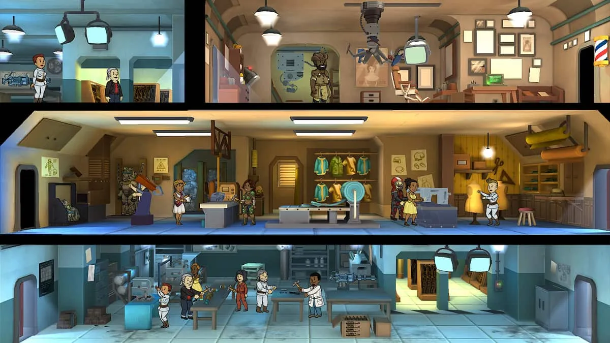 Fallout Shelter showing various rooms with plenty of Vault Dwellers