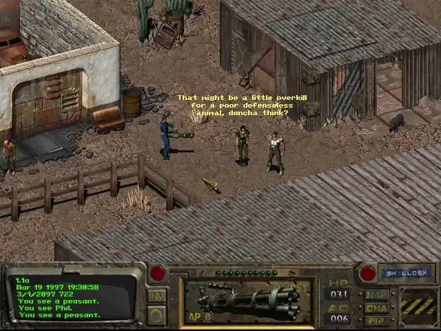 Fallout 1 screenshot showing the player talking to some NPCs