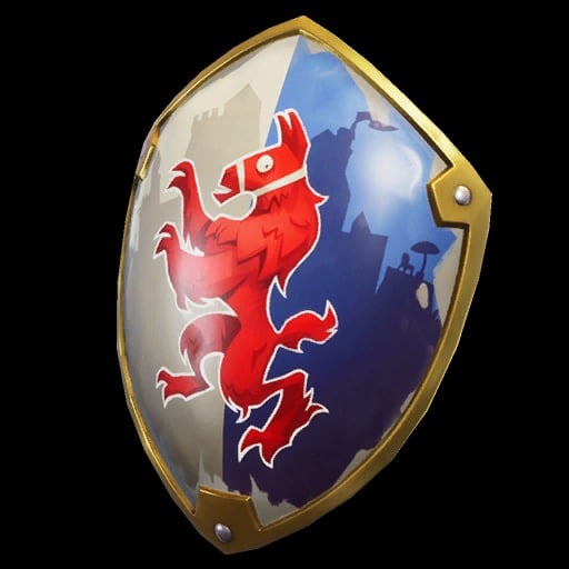 A blue and white shield with a red lamma posing like a medieval lion on its center.
