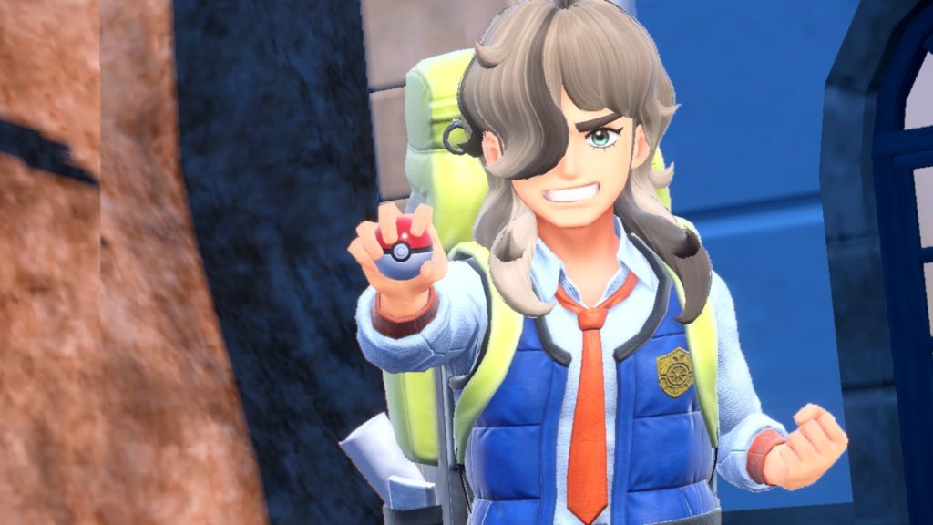 A Pokémon trainer wearing a blue vest holds a Poké Ball in Pokémon Scarlet and Violet.