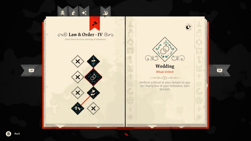Cult of the Lamb Doctrine book opened to the Wedding entry on the law and order page