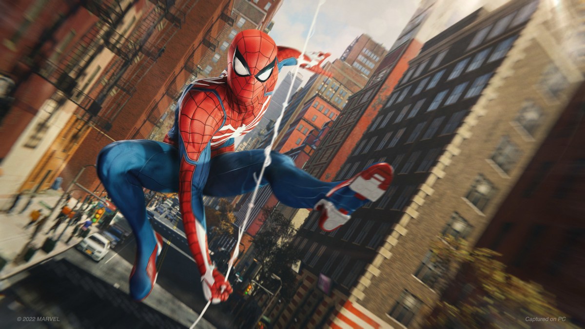 Spider-man swinging on his web.