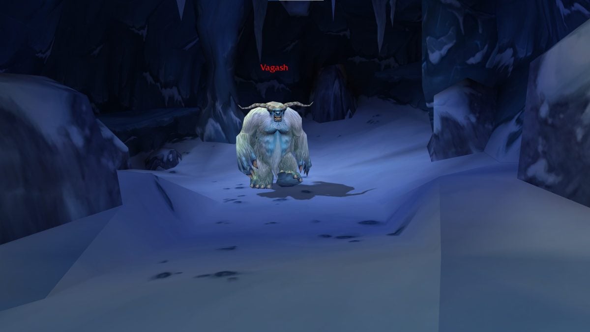 WoW screenshot of Vagash, a yeti in Dun Morogh, in his cave.
