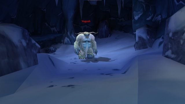 WoW screenshot of Vagash, a yeti in Dun Morogh, in his cave.