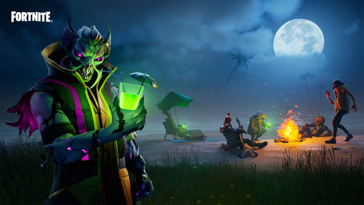 A goblin holds a glowing green drink while other characters sit at a fire in the background