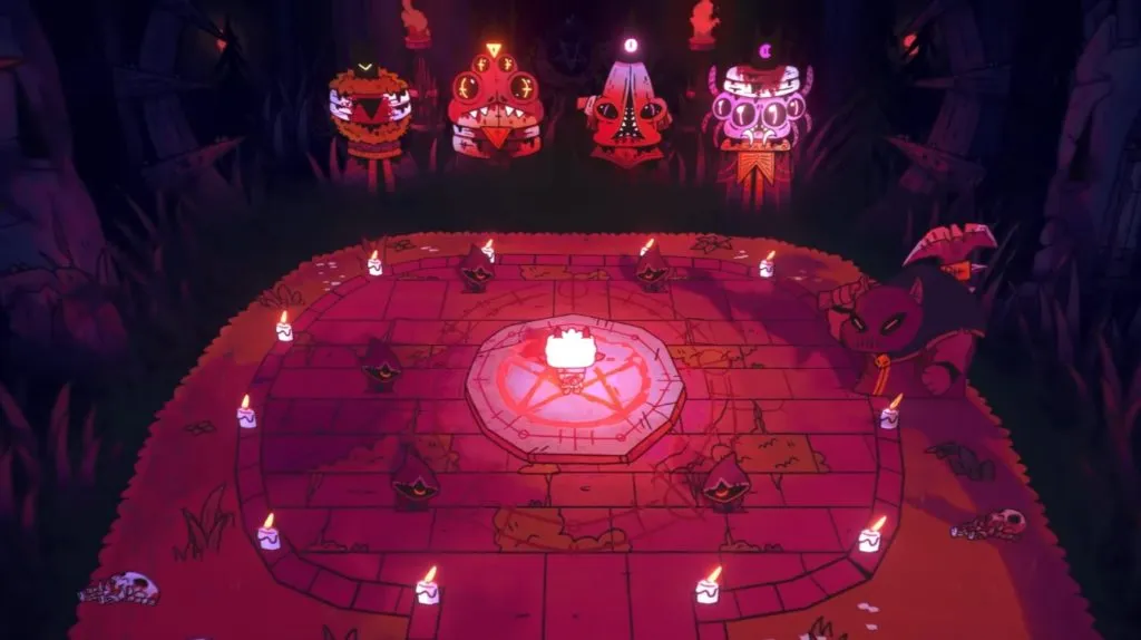 Four monsters stand in front of the player in a circle of candles.