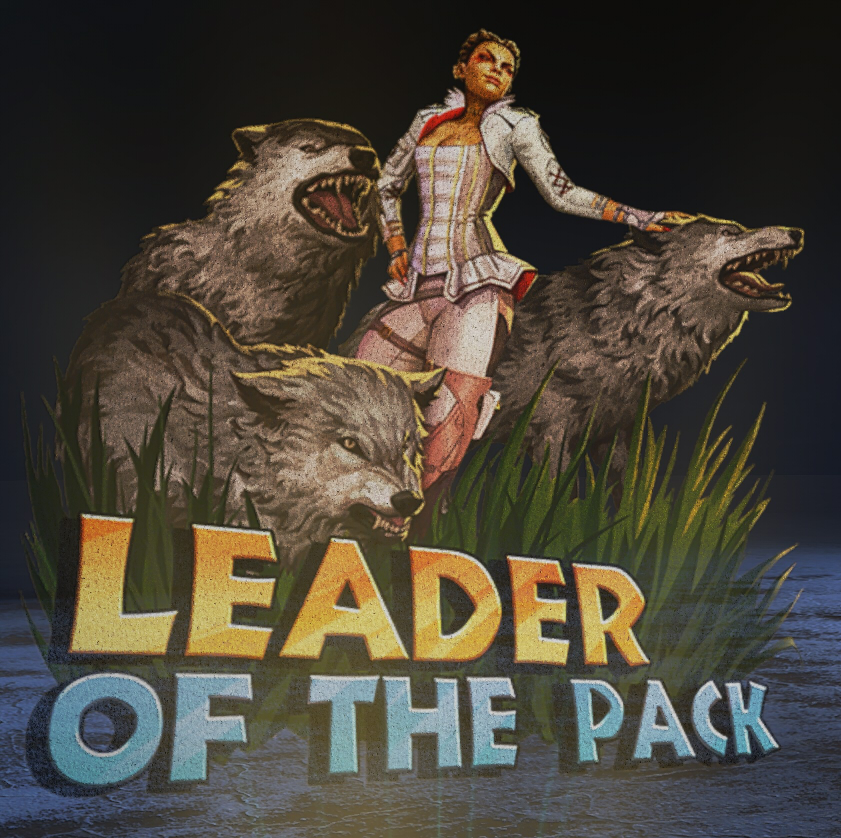 Loba stands in front of wolves with the text Leader of the Pack.