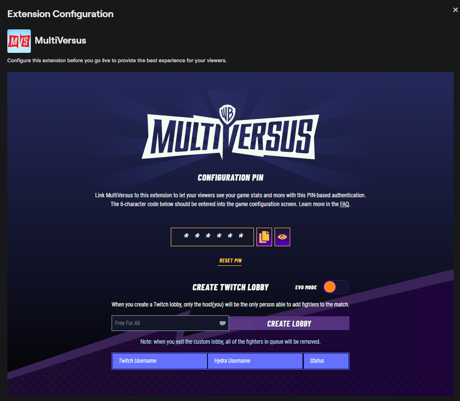 MultiVersus Twitch extension config window