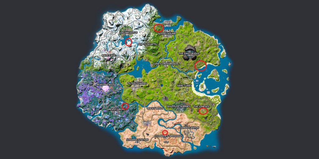 A map of fortnite chapter three season three with UFO locations highlighted