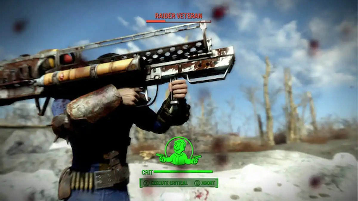 A player wielding an enormous weapon in Fallout 4.