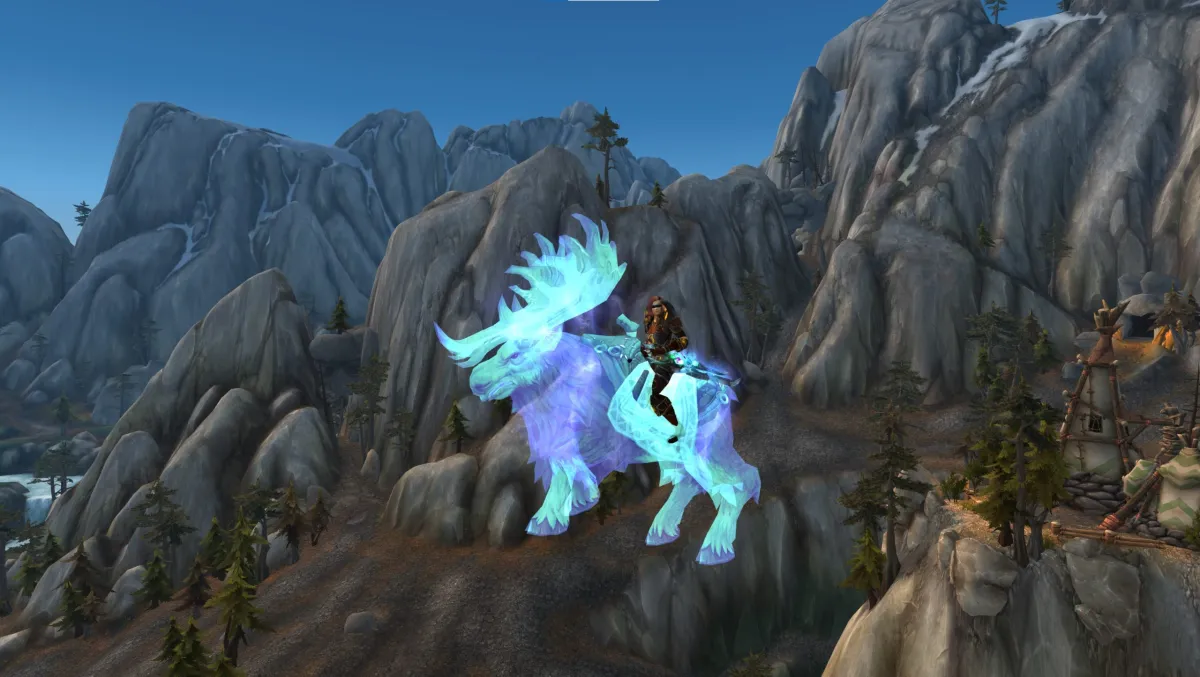 A human rides the Spirit of Eche'ro mount in Highmountain, World of Warcraft.