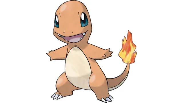 Charmander, a salamander with a fiery tail, stands on its hind legs.