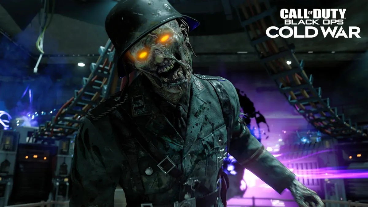 A zombie in armor walks toward a player character with purple energy in Black Ops Cold War.