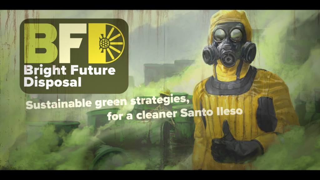 Bright Future Toxic Waste management screen with a man in a hazmat suit surrounded by green gas