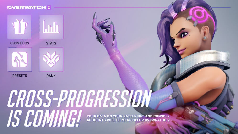 Sombra stands next to a graphic detailing cross-progression in Overwatch 2.