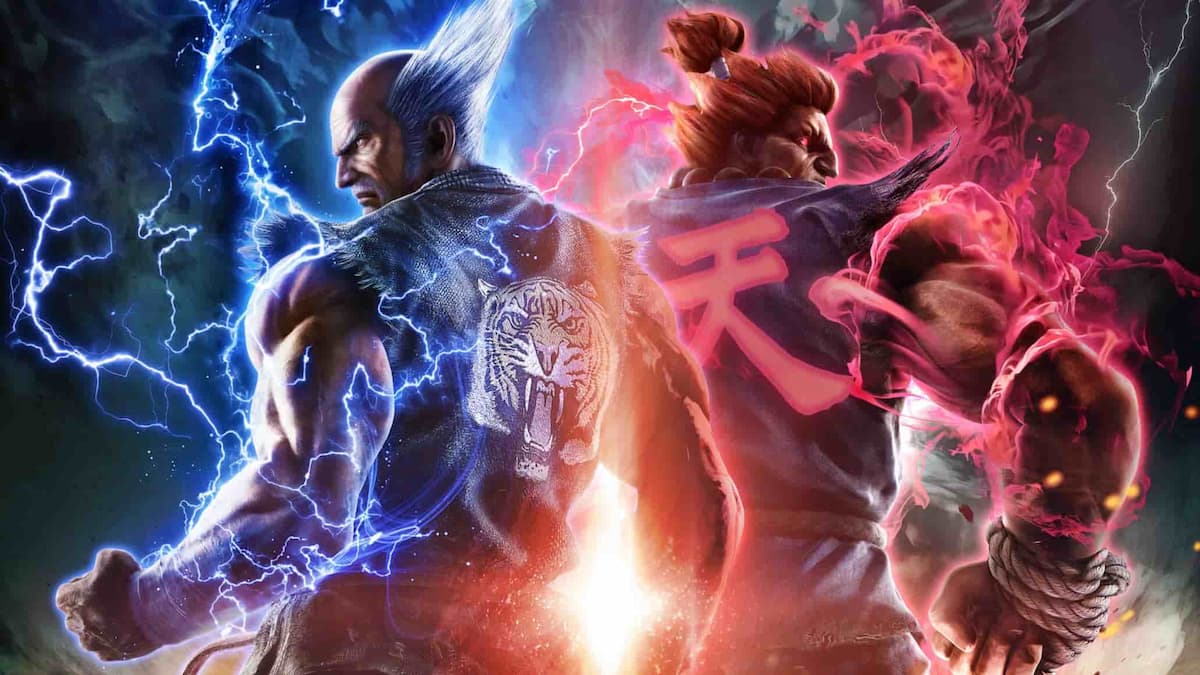 Two fighters from Tekken 7, engulfed in colorful blue and red auras.