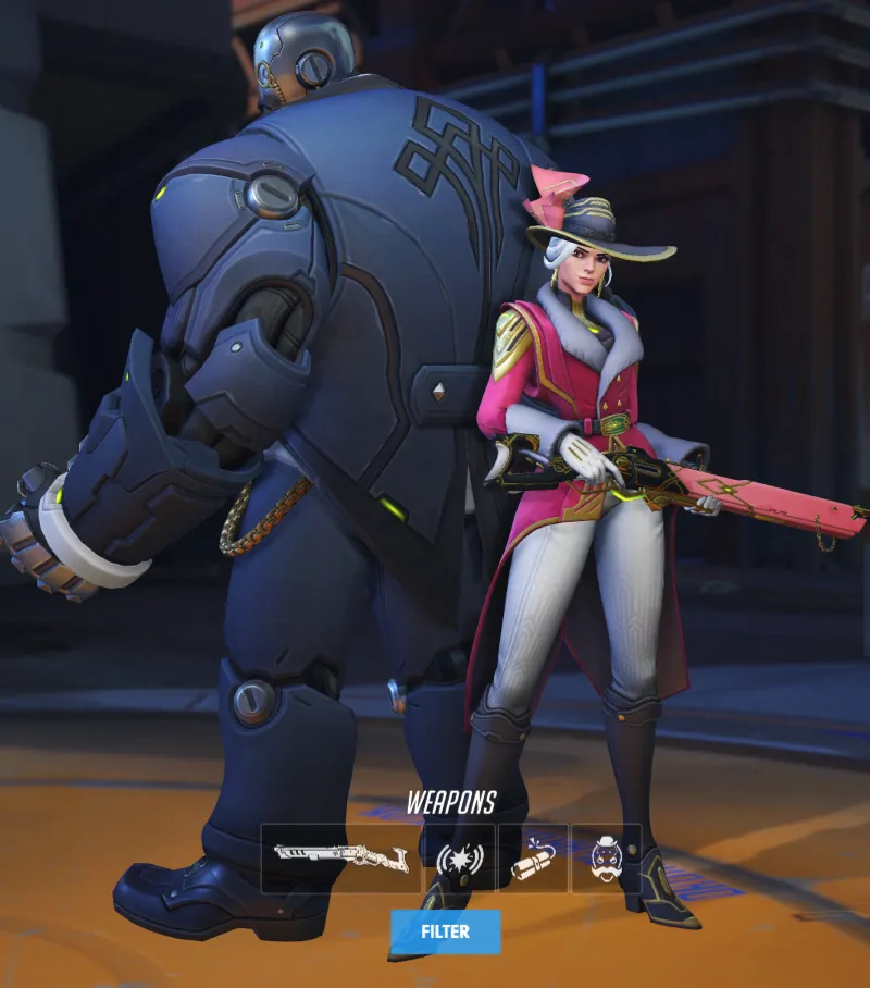 Ashe wears a frilly pink jacket and hat.