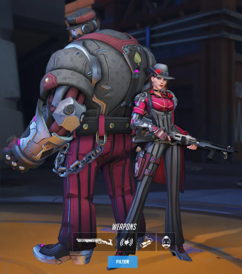 Ashe wears a pink and black mobster-style skin.