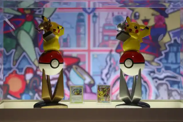Pokémon World Championship trophies on display.