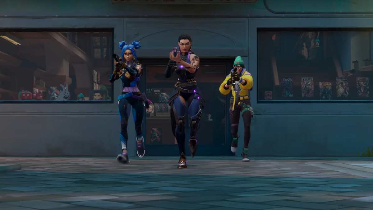 VALORANT agents Neon (left), Reyna (middle), and Killjoy (right) walking toward the camera.