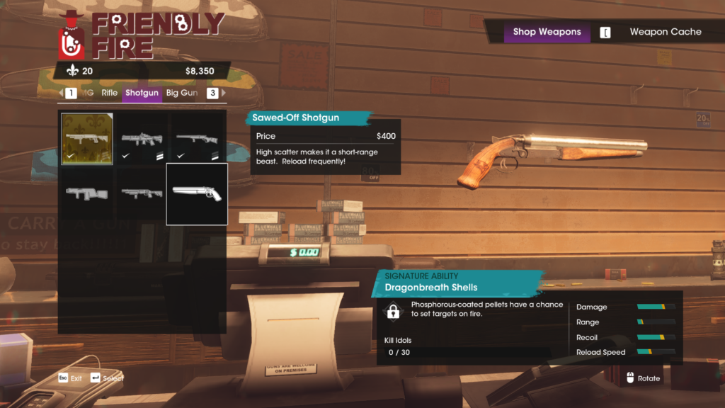 A screenshot from Saints Row showing a shotgun with half the barrel of a normal sized shotgun, to increase spread