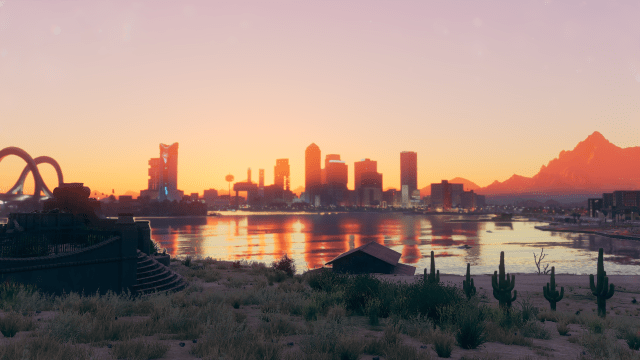 A screenshot from SaInts Row showing a sunset behind the Santo Ileso skyline