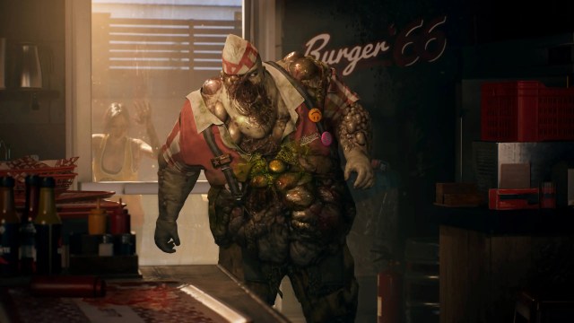 An image from Dead Island 2 showing a large zombie in a fast food worker uniform with lesions all over his body