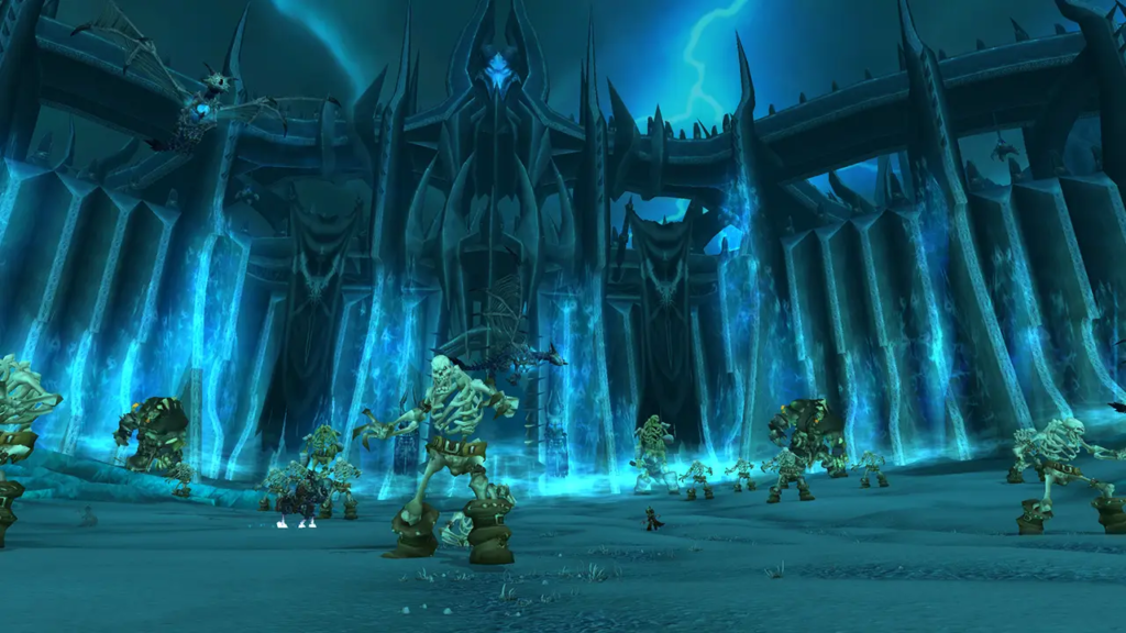 A view up at Icecrown Citadel, home of the Lich King and his undead horse Invincible, in World of Warcraft.