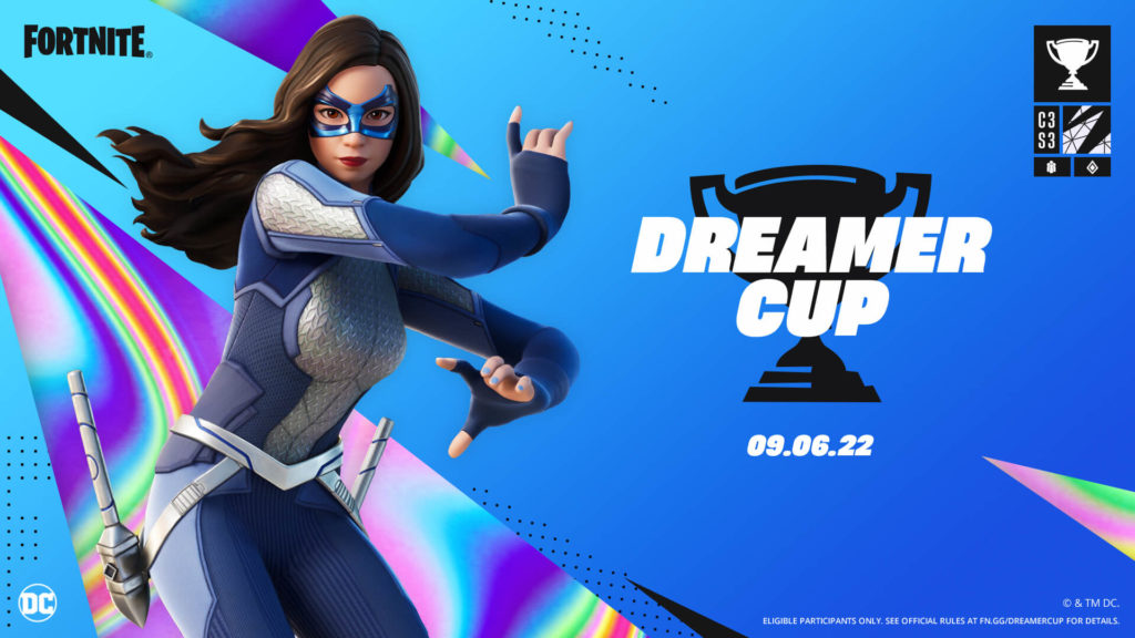 A promotional image from Fortnite showing Nia Nal's Dreamer as a skin in Fortnite with the Dreamer Cup logo beside her