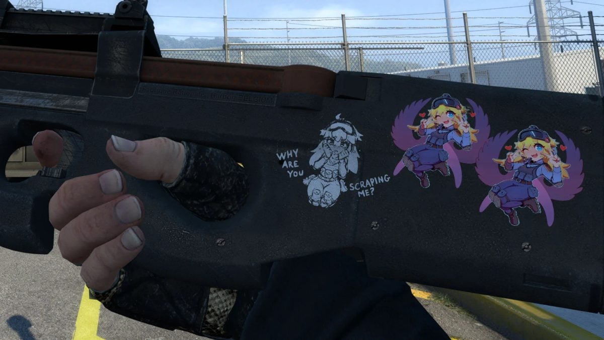 A player looking at the stickers on their weapon in CSGO.