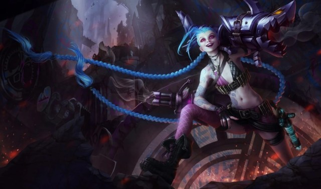 Jinx standing with her weapon rested on her left shoulder.