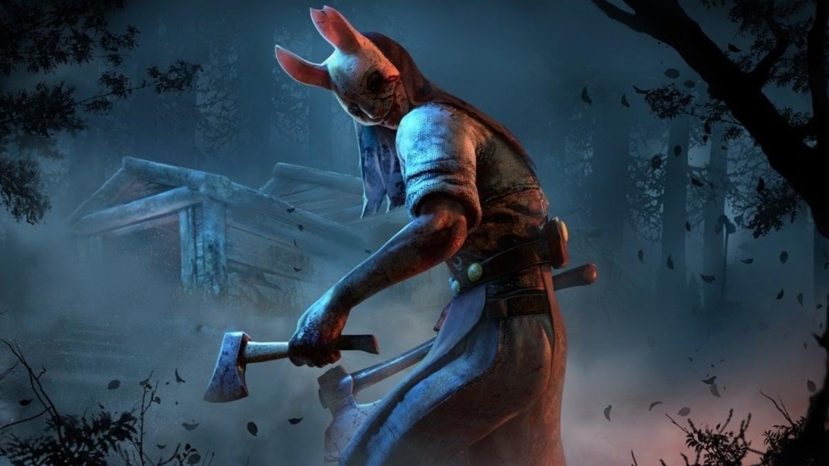 the huntress in a bunny mask with a hatchet against a misty blue background