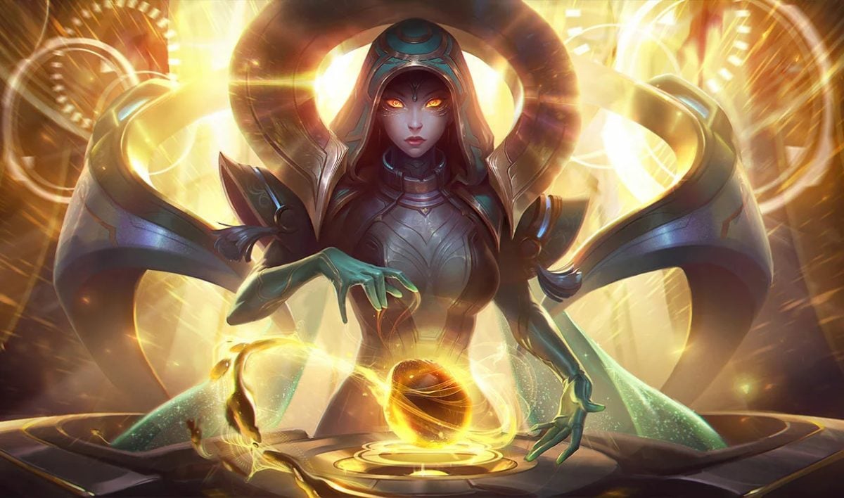 Sona skin splash art for League of Legends, on a yellow/gold background.