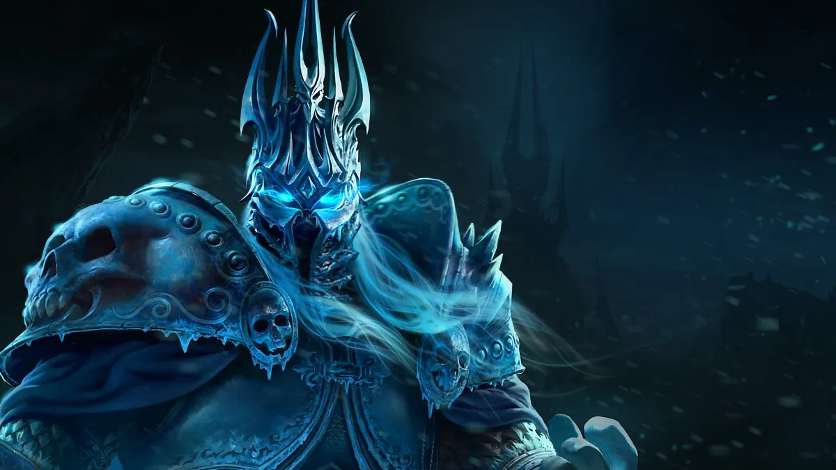 Lich King Arthas in WOTLK Classic. In this image, the Lich King is staring directly into the viewer with icy blue eyes.