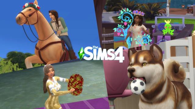 An adult female Sim riding a horse, a child female Sim playing pretend in a treehouse, a teen female Sim cheerleading, and a brown husky dog holding a small soccer ball.