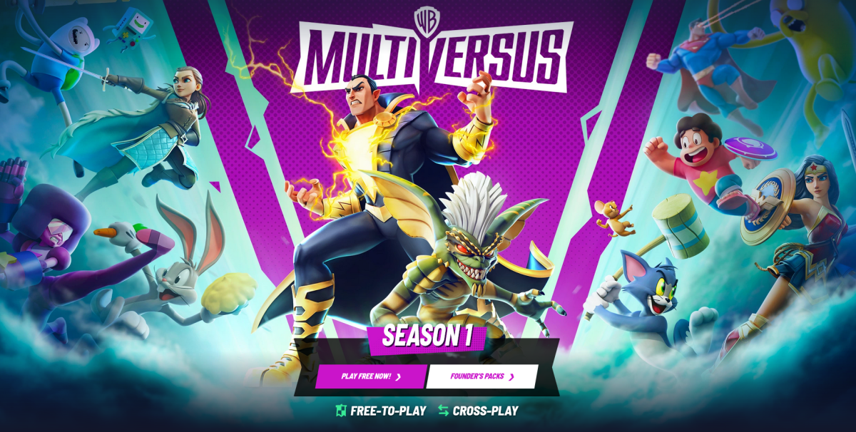 A screenshot from the MultiVersus website showing Black Adam and Stripe as well as all the other MultiVersus fighters