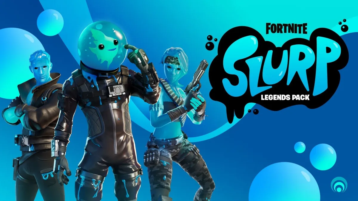 A promotional image from Fortnite showing three different slurp characters, a girl in a bandana, a man with a fish in a bowl for a head, and a slurp guy in a leather jacket