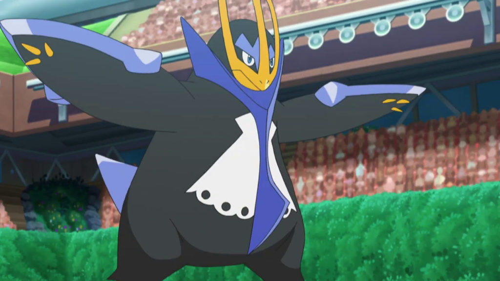 An Empoleon stands with its wings out.