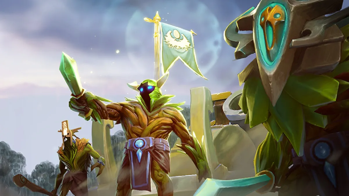 An artwork showcasing Dota 2's creeps, stopping enemy heroes from proceeding any further.