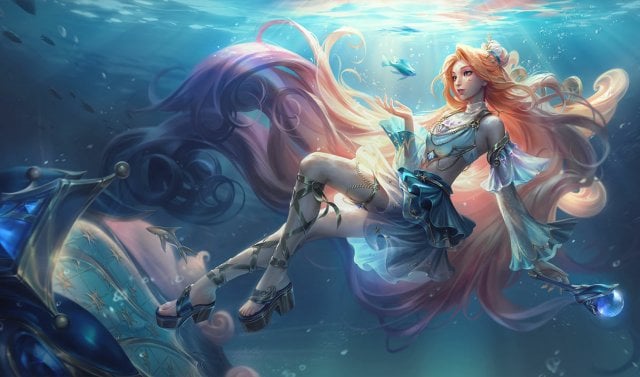 Seraphine, floating underwater, holding a wand of blue energy with fish swimming around her in League of Legends.