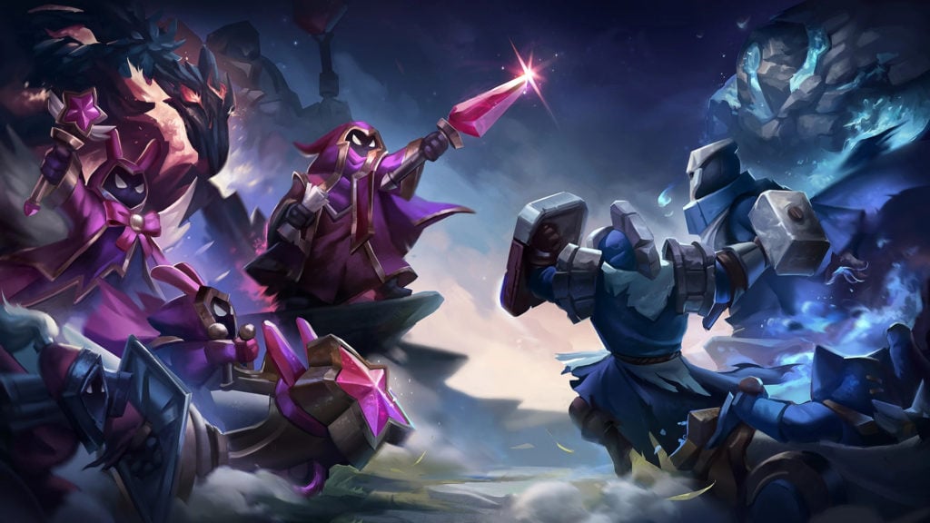 Purple and blue minions doing battle with each other in League of Legends