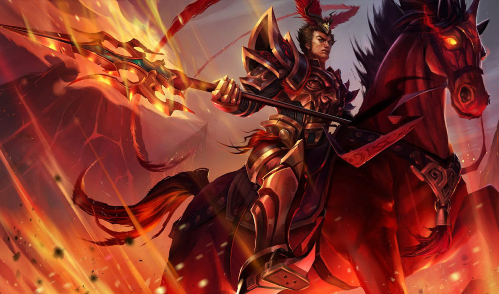 Jarvan IV from League of Legends rides on horseback and wields a giant flaming sword.