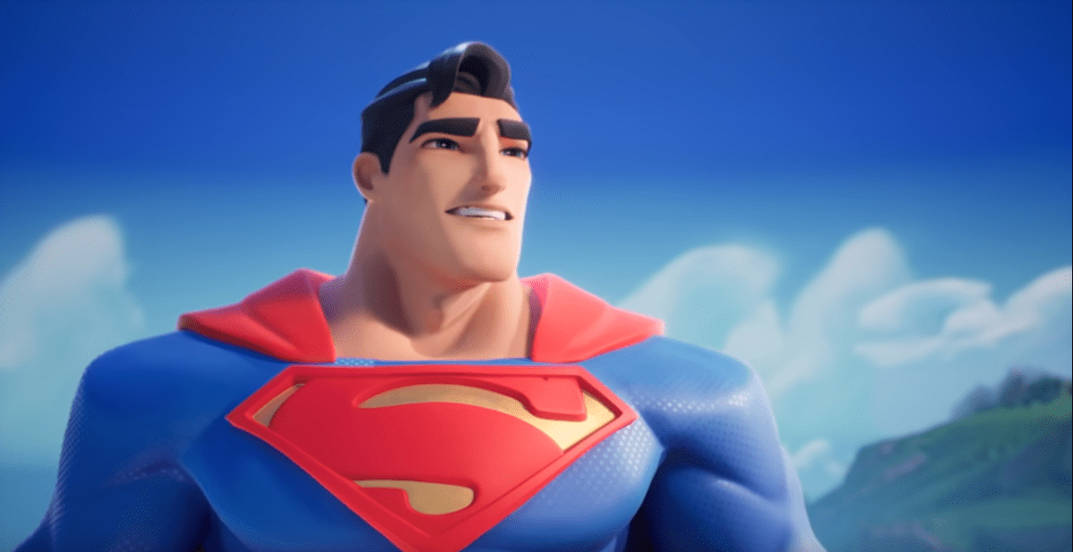 A screenshot from the MultiVersus cinematic trailer showing Superman smiling