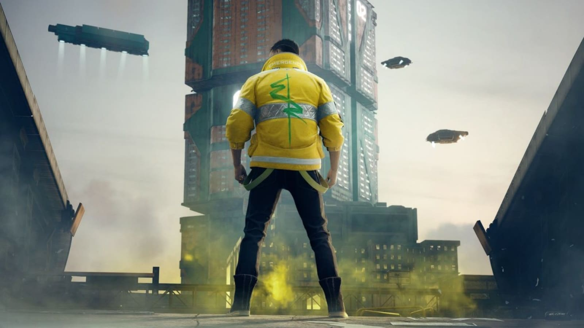 male V stood in david's neon yellow jacket from cyberpunk edgerunners