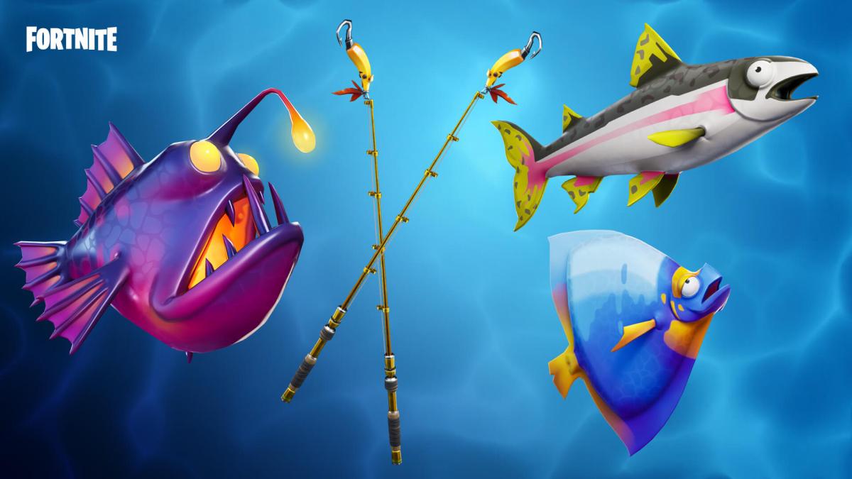 An image from fortnite showing a fishing pole and three different types of fish