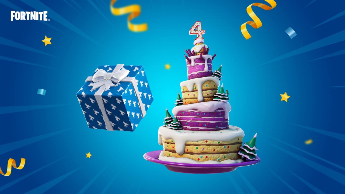 A promotional image from Fortnite showing a large tiered cake and presents