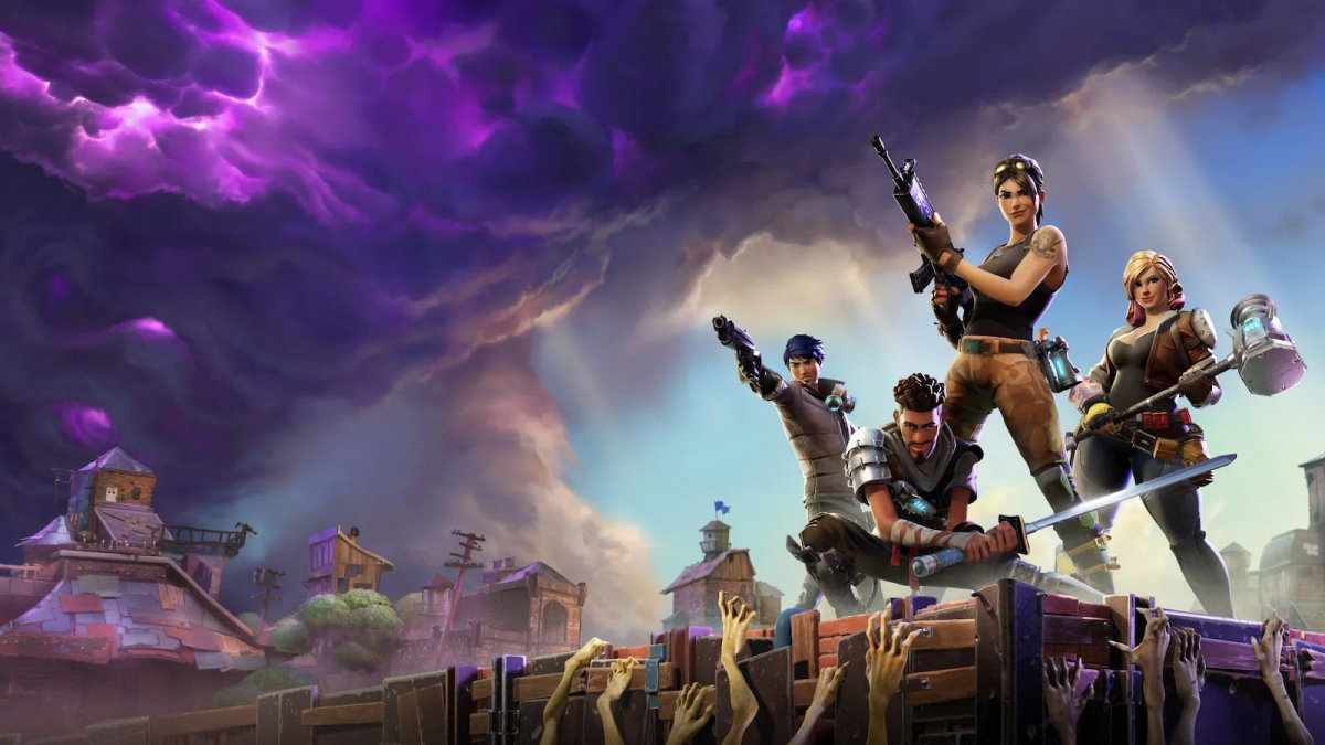 One of the generic wallpapers for Fortnite: Battle Royale, showcasing several characters and a purple storm.